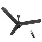 A matt black ceiling fan with a remote control, featuring three blades and a central motor unit.