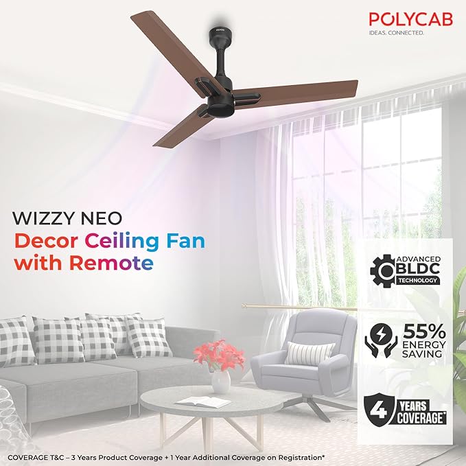 Polycab Wizzy Neo 1200mm 5-Star BLDC Ceiling fan | Matt Brown Copper