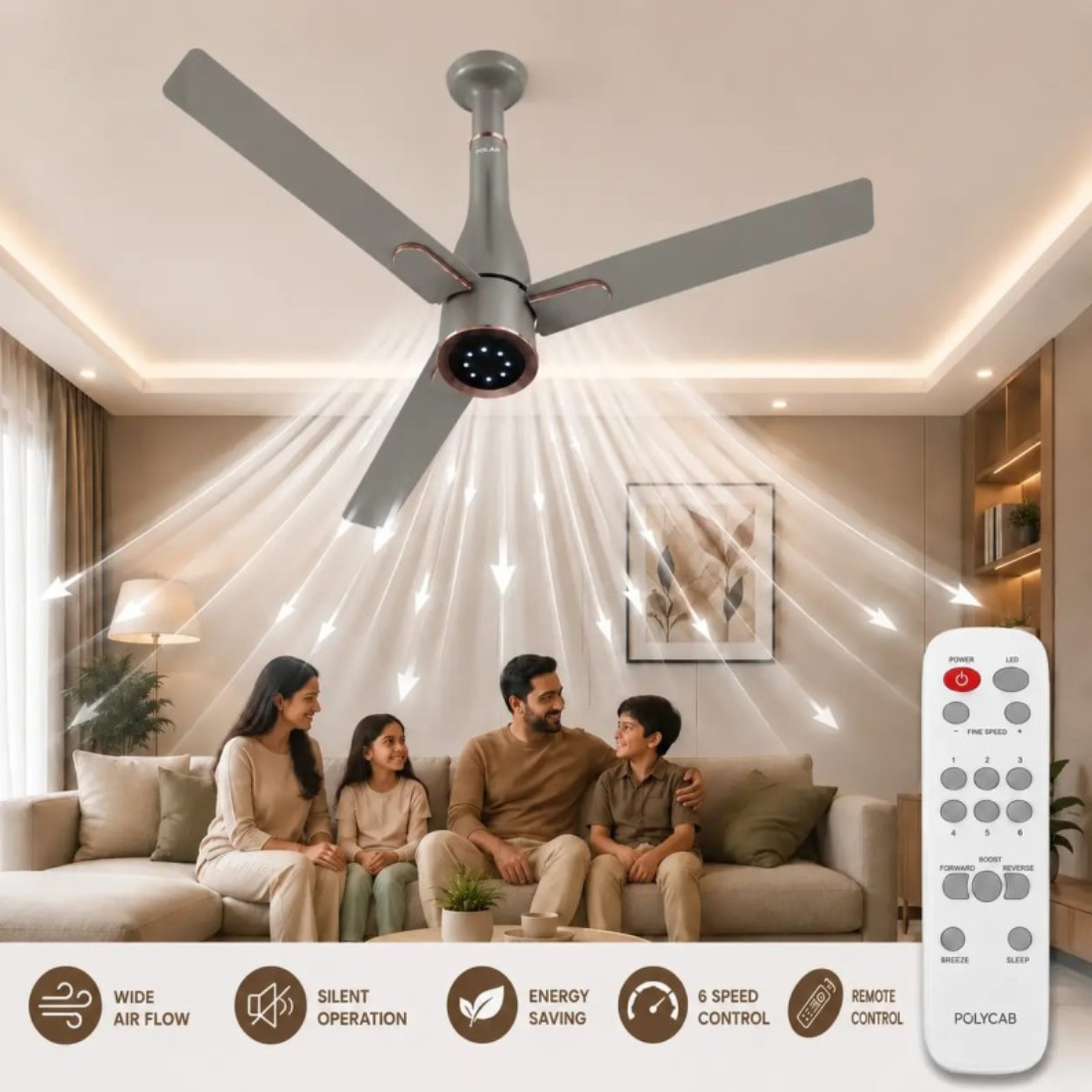 A ceiling-mounted smart fan with a remote control shown in a living room setting, with a family seated below and airflow graphics radiating downward. The image includes feature icons along the bottom and the remote on the right.