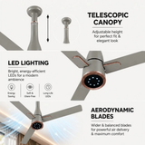 A promotional infographic for a ceiling fan showing three feature panels: adjustable telescopic canopy, LED lighting, and aerodynamic blades, with text callouts on a light gray background.