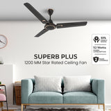 Ceiling fan in a living room with a sofa and clock, featuring product details.