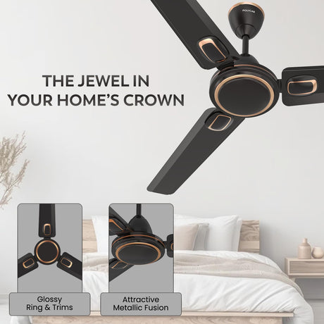 Ceiling fan with glossy ring and trims in a bedroom setting, labeled 'The Jewel in Your Home's Crown'.