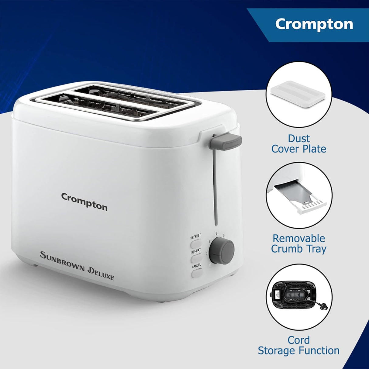 Crompton SunBrown Deluxe Pop-up Toaster 800W (White)