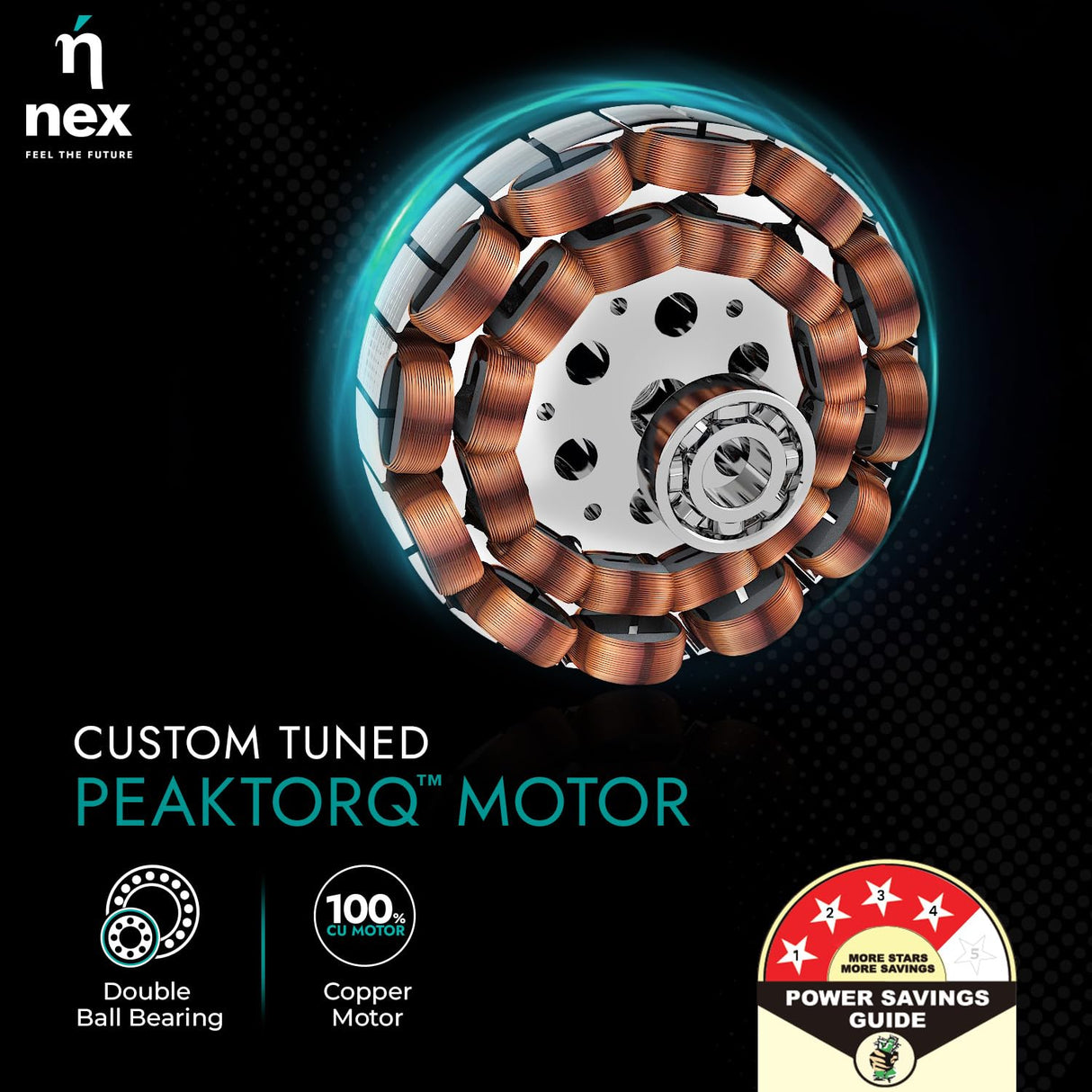 Custom tuned Peaktorq motor with nex branding on a dark background