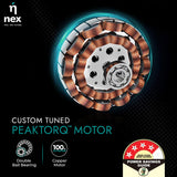 Custom tuned Peaktorq motor with nex branding on a dark background