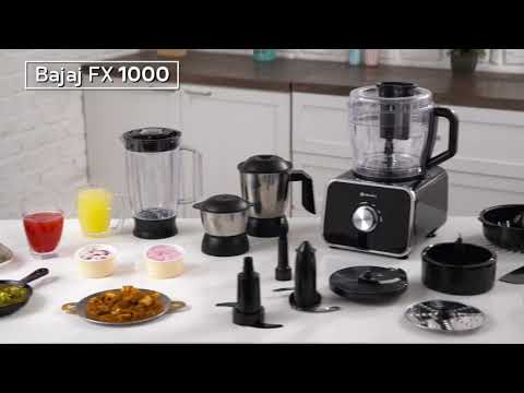 Bajaj FX-1000 DLX Food Processor & Mixer Grinder | 1000W Copper Motor | 9 Attachments | 3 Jars | Safety Interlock | Black