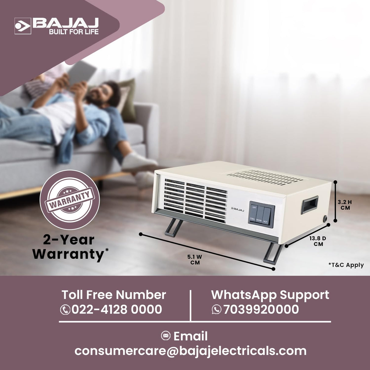 Bajaj Blow Hot 2000W Portable Room Heater (White)