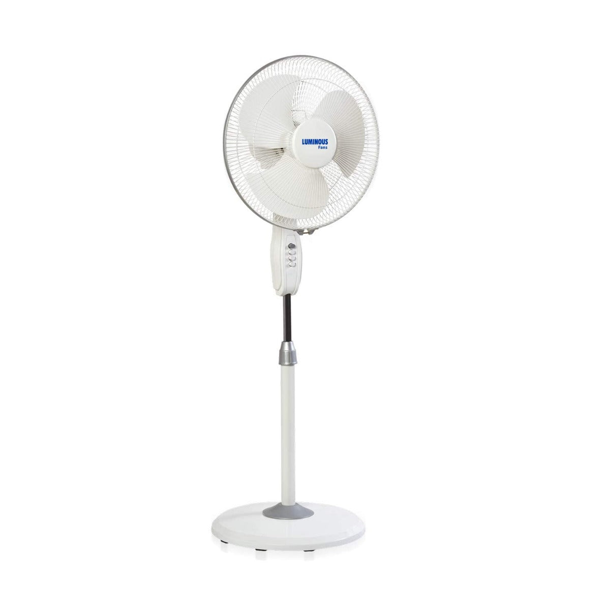 A white 400mm high speed pedestal fan with a luminous dial, standing on a flat surface.