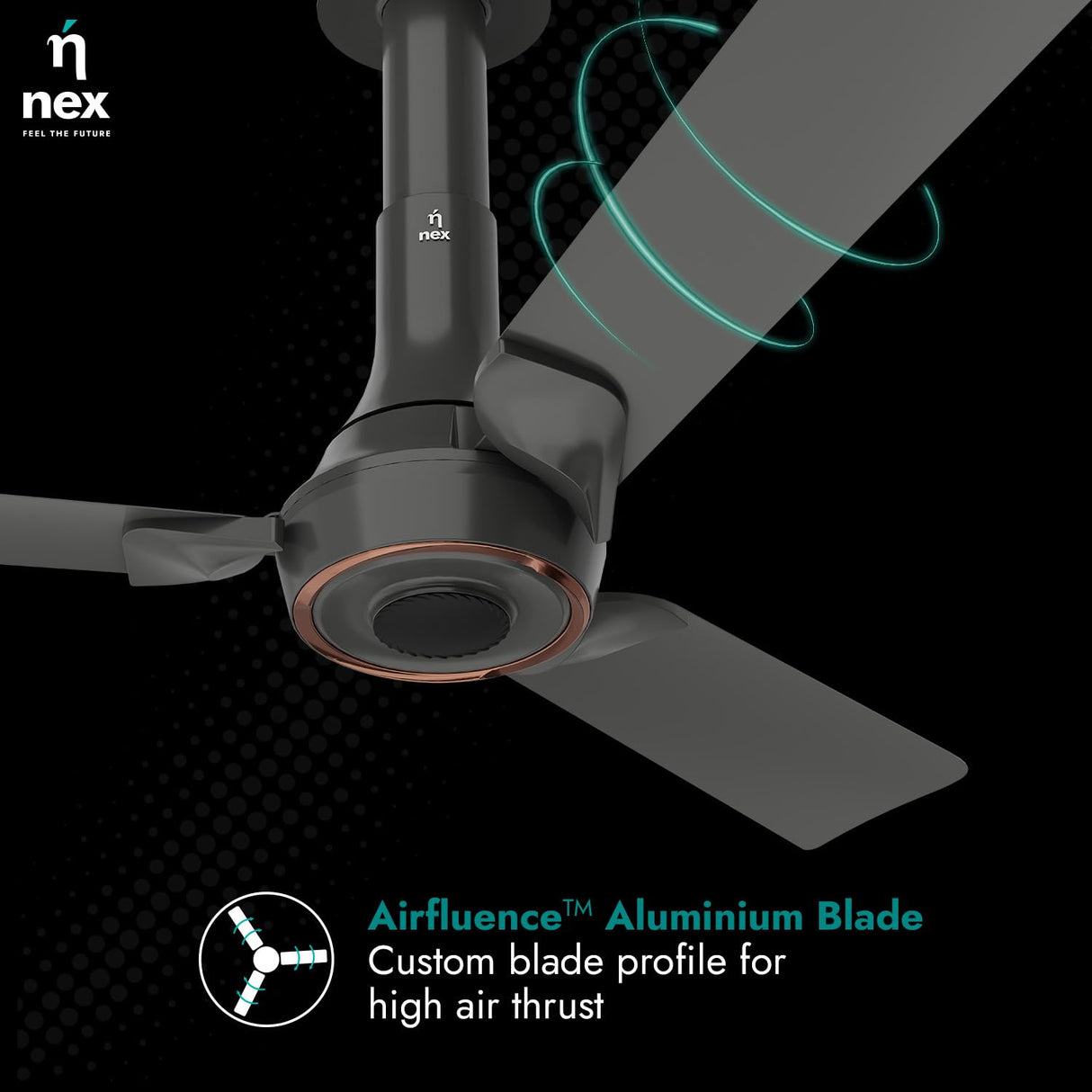 Ceiling fan with 'nex' branding and 'Airfluence Aluminum Blade' feature on a dark background