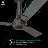 Ceiling fan with 'nex' branding and 'Airfluence Aluminum Blade' feature on a dark background
