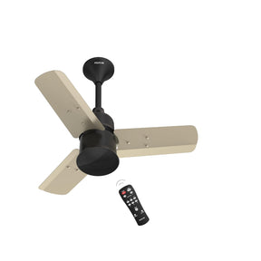 Ceiling fan with beige blades and black housing on a white background