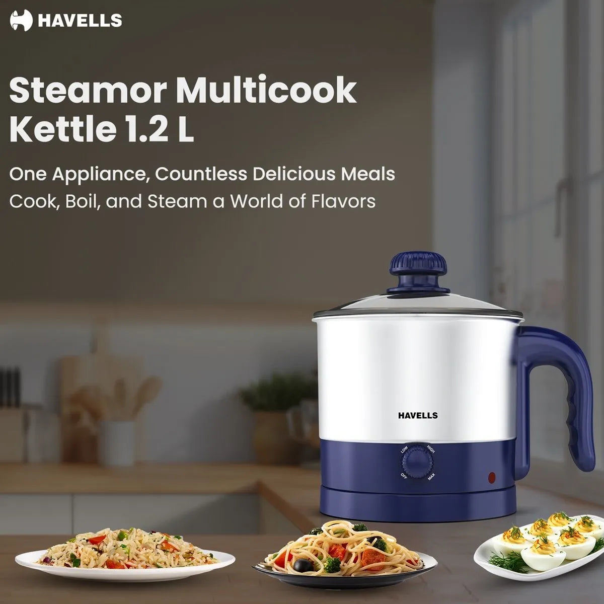 Havells Steamor Multicook Kettle 1.2 L 600 W Blue