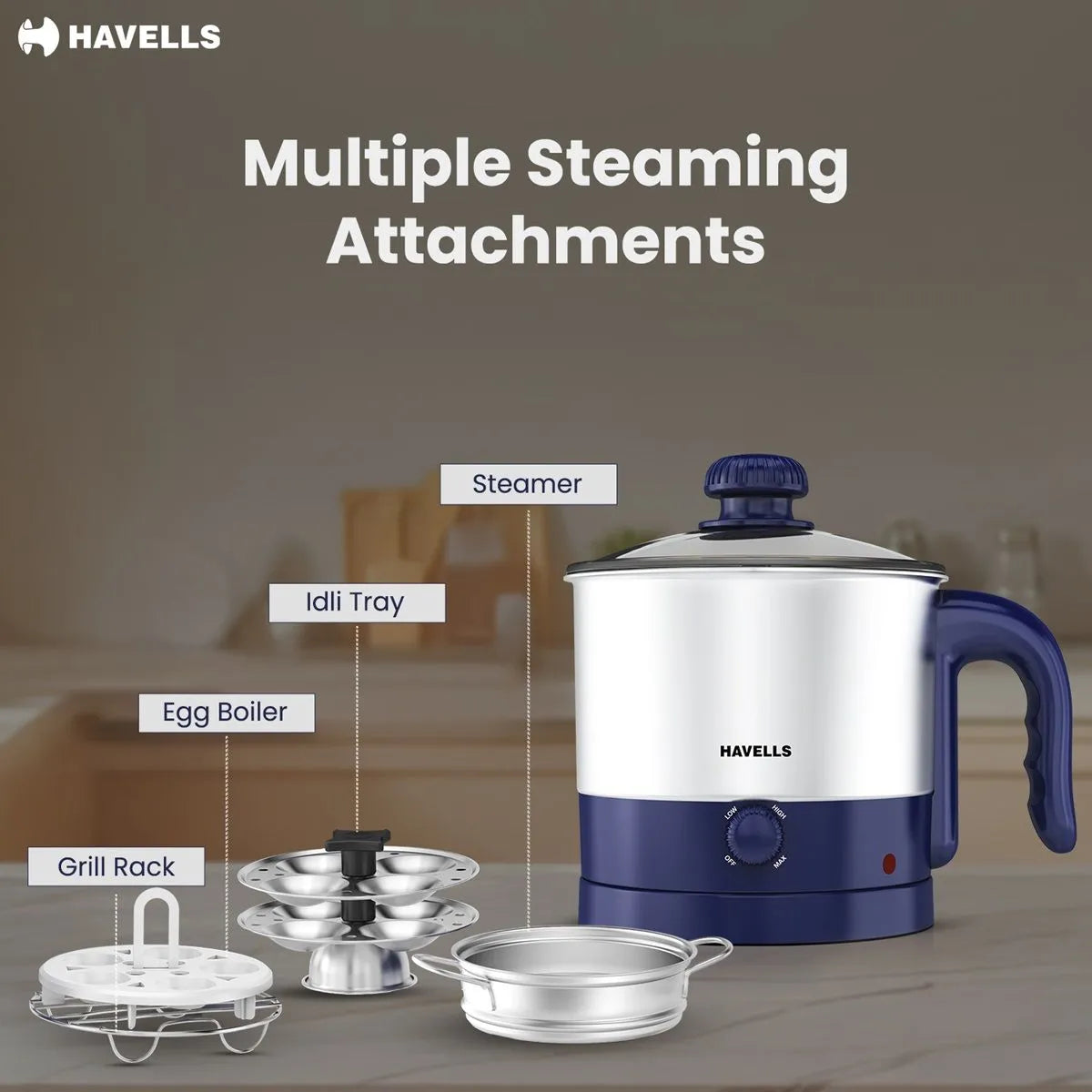 Havells Steamor Multicook Kettle 1.2 L 600 W Blue