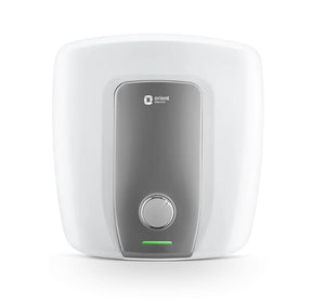 White and gray water heater with Orient Electric logo on a white background