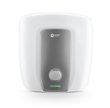White and gray water heater with Orient Electric logo on a white background