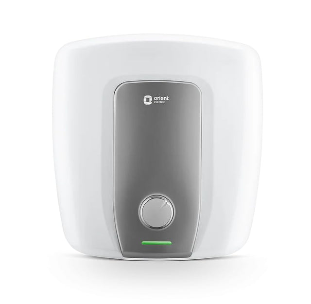 White and gray water heater with Orient Electric logo on a white background