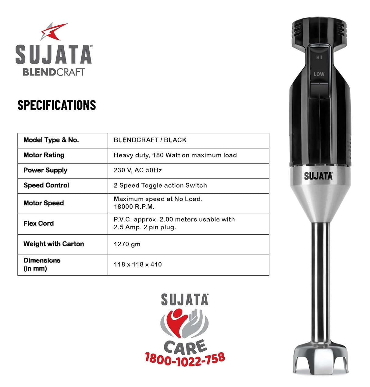 Sujata Blendcraft Hand Blender 180 Watts (Black)