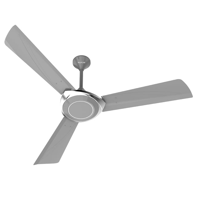 A cool grey silver ceiling fan with four blades and a central motor unit.