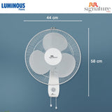Wall-mounted fan with dimensions labeled on a blue background, featuring Luminous and RR Signature logos.