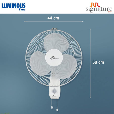 Wall-mounted fan with dimensions labeled on a blue background, featuring Luminous and RR Signature logos.