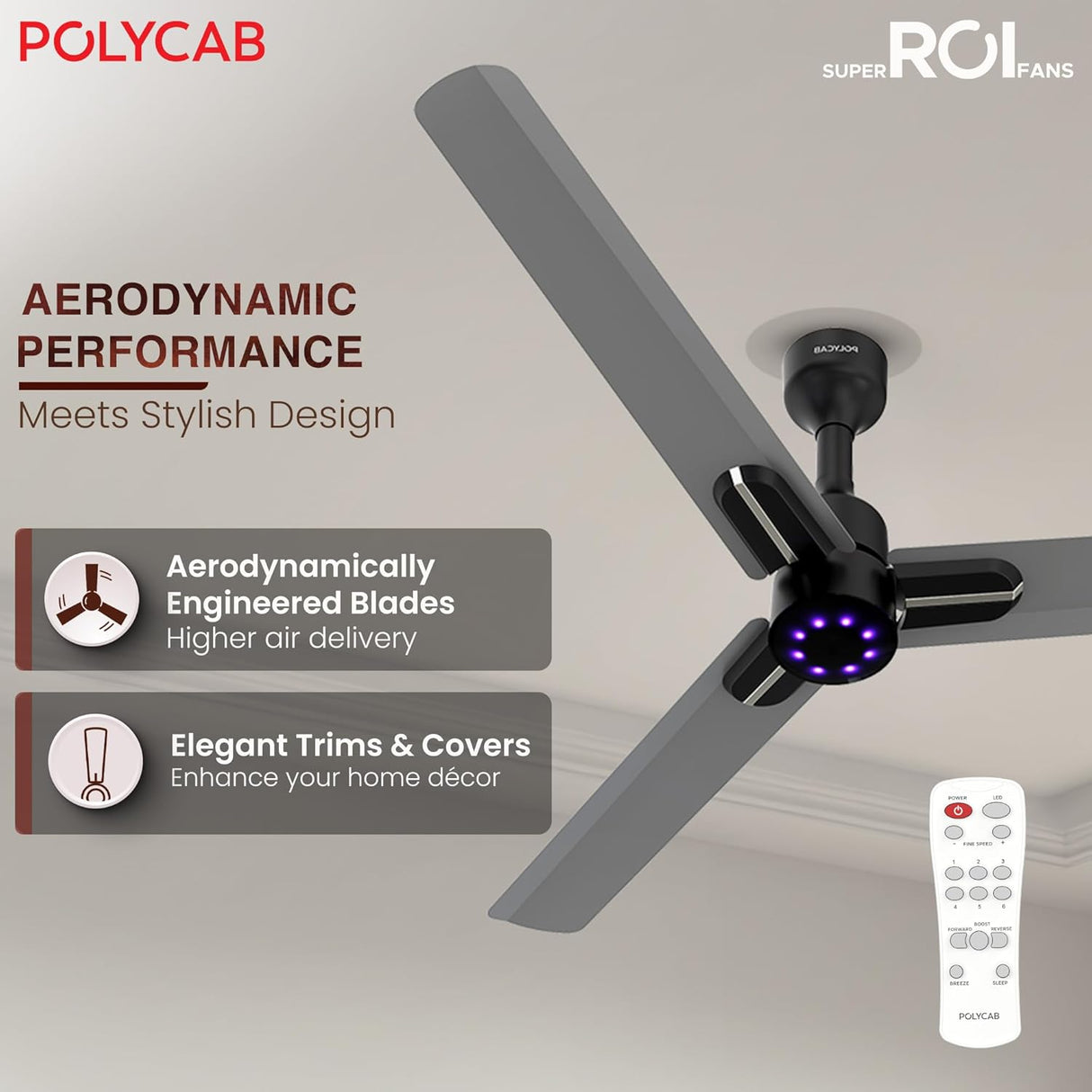 Polycab Wizzy Neo LED 2.0 1200mm BLDC Ceiling Fan with Remote (Classic Grey Copper)