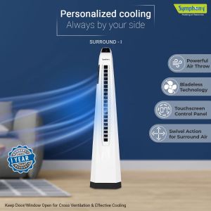 Symphony Surround-i High Speed Bladeless Technology Tower Fan for Home With Touchscreen Control Panel, Remote, and Swivel Action (White)